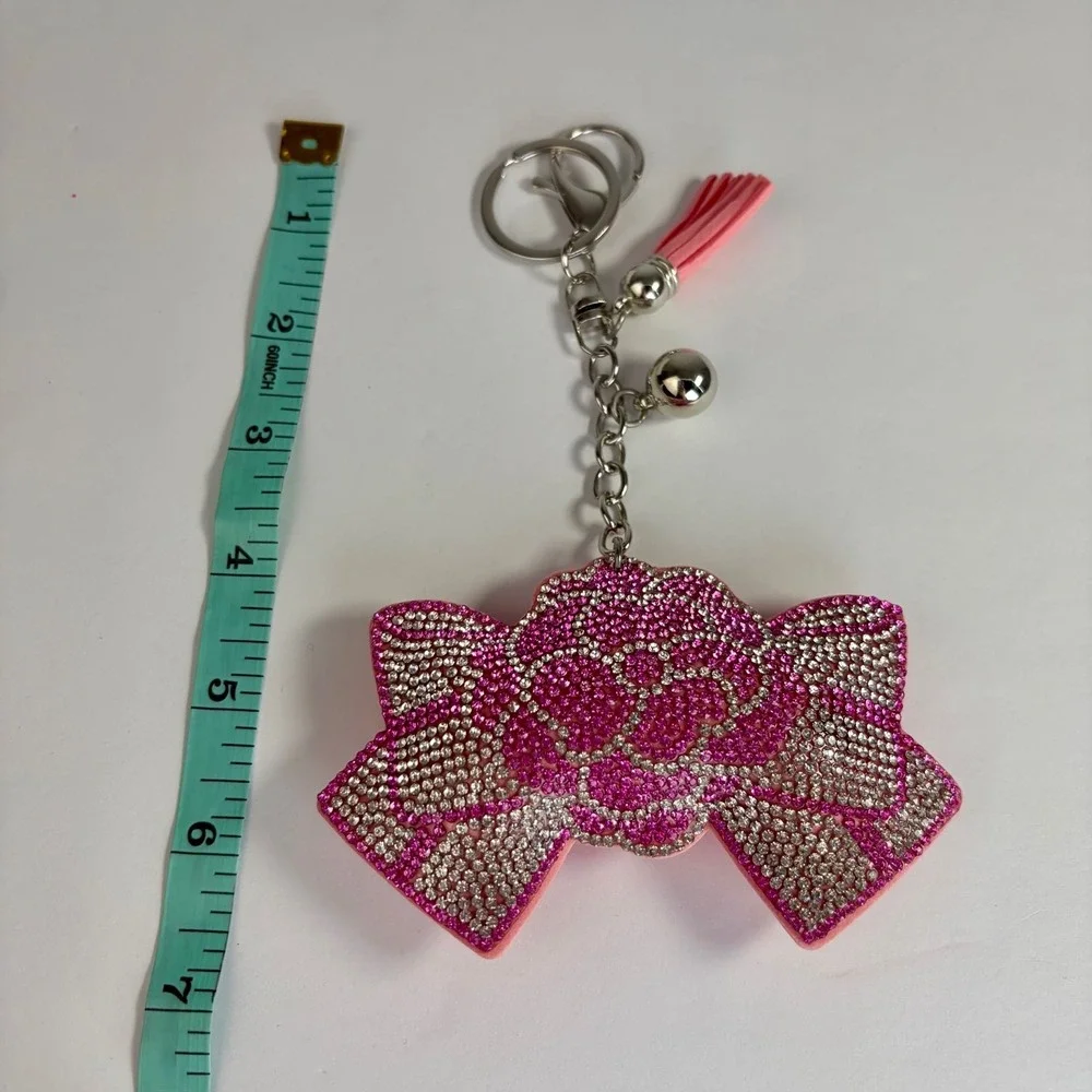 Sparkly Keychain Pink Rhinestone Bow Tassel Bell Bag Charm Coquette‎ Y2K Purse